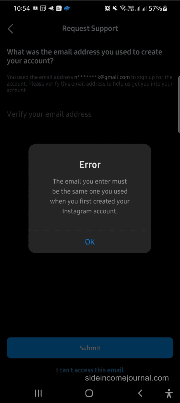 Instagram error popup