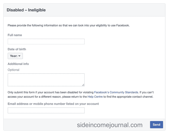 Facebook account disabled form 2