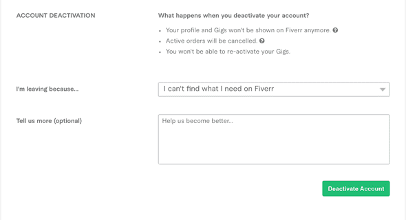 Fiverr deactivate account