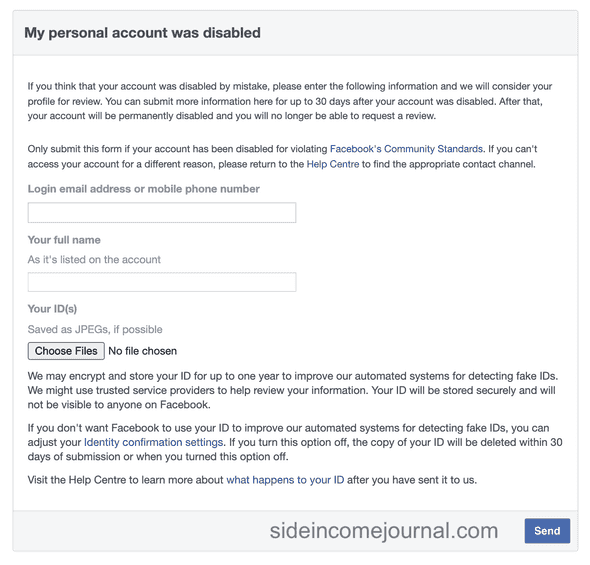 Facebook account disabled form